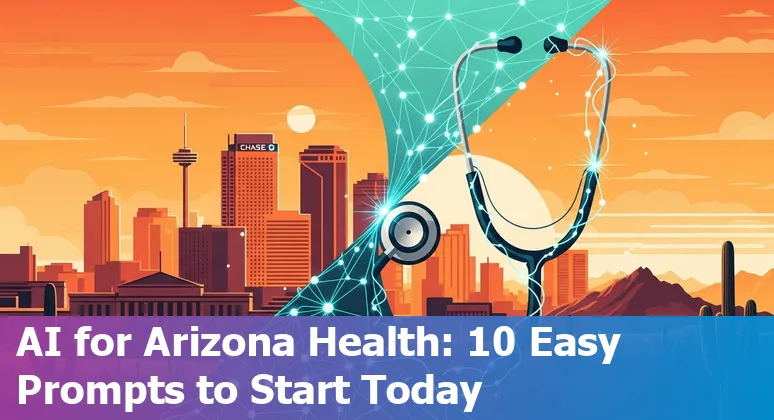 Doctor reviewing AI-generated patient summary on a tablet in a Phoenix clinic with Phoenix skyline in the background.