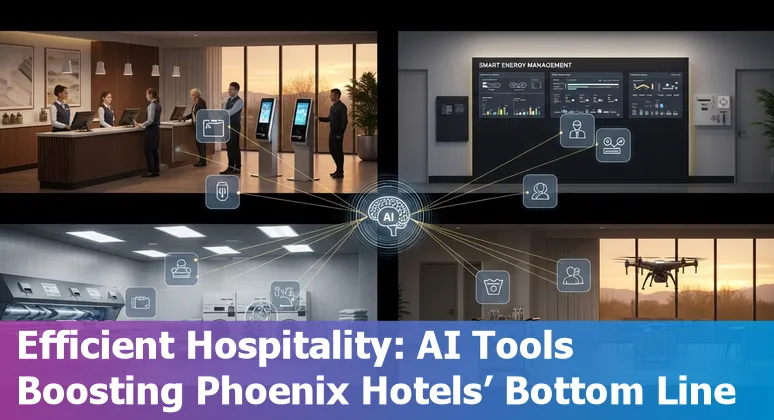 Hotel staff and AI dashboard in Phoenix, Arizona hotel showing energy savings and guest automation in Arizona