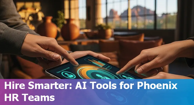 HR professional using AI tools in Phoenix, Arizona office with Phoenix skyline in background