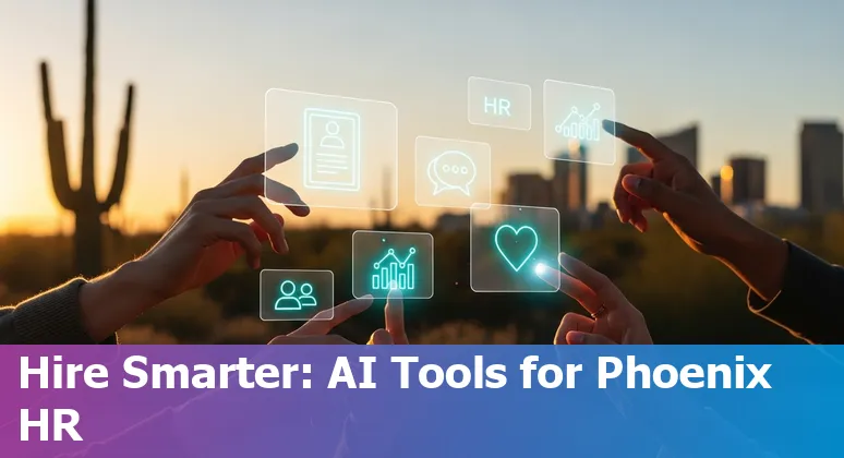 HR professional using AI recruiting tools on a laptop in Phoenix office with city skyline.