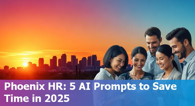 Phoenix HR professional using AI prompts on laptop with desert skyline in background