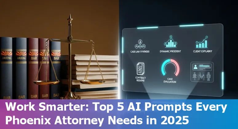 Phoenix attorney using AI prompts on a laptop with Arizona legal documents and skyline in background