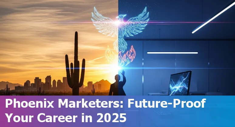 Marketing professional using AI tools with a Phoenix, Arizona skyline in the background.