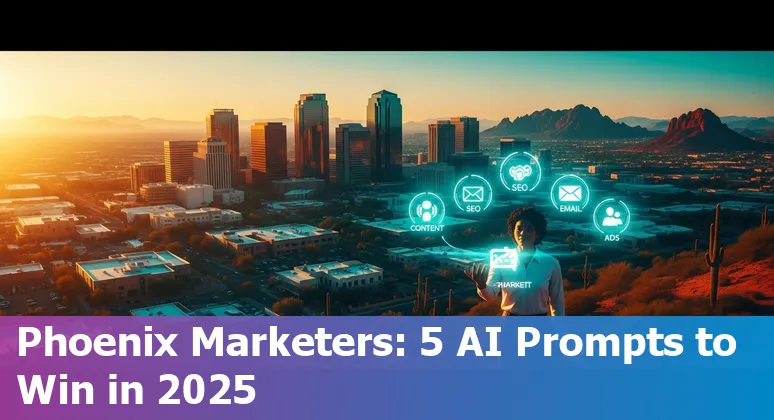 Marketing professional in Phoenix using AI prompts on a laptop with Arizona skyline in background
