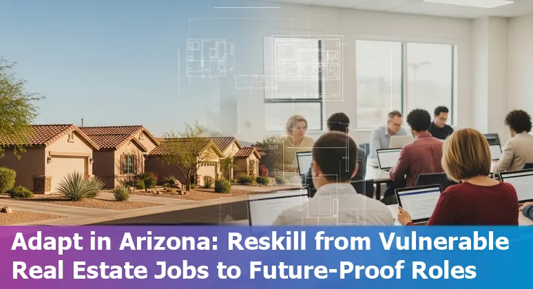 Phoenix skyline with real estate icons and AI automation symbols overlaid; workers using laptops for property management.