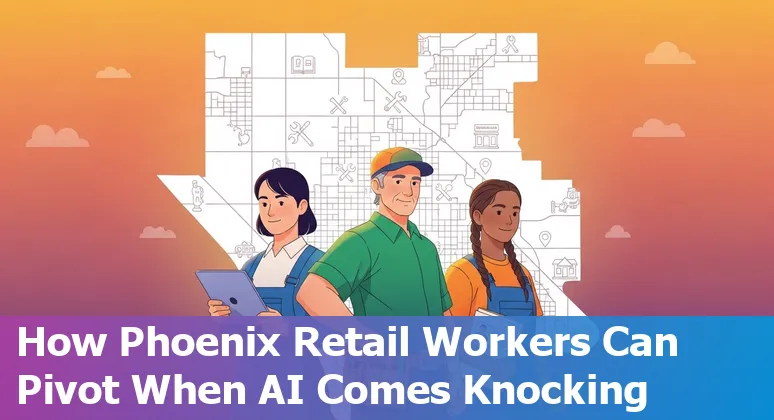 Retail worker using self-checkout kiosk with Phoenix skyline in background