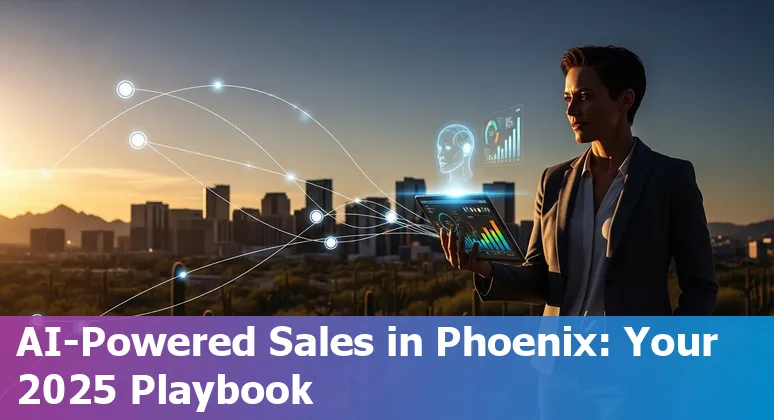 Sales professional using AI tools in Phoenix, Arizona skyline background, 2025