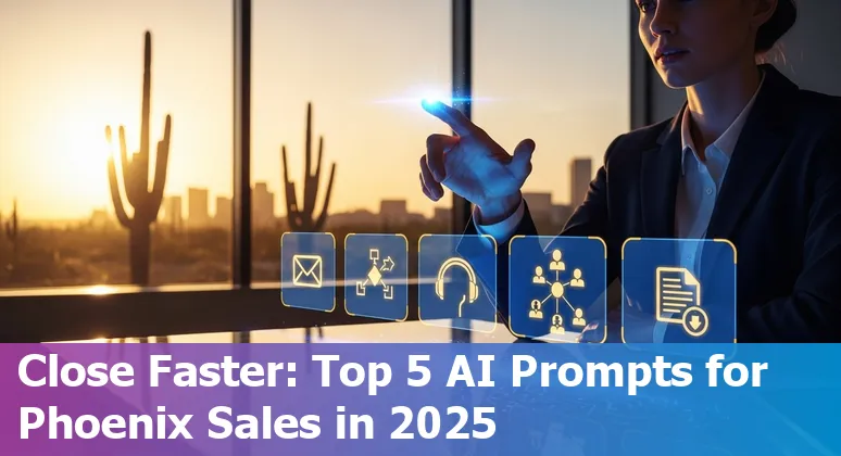 Sales professional in Phoenix using AI prompts on a laptop with Phoenix skyline in background