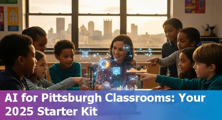 Educators using AI tools in a Pittsburgh, Pennsylvania classroom with Carnegie Mellon University skyline visible