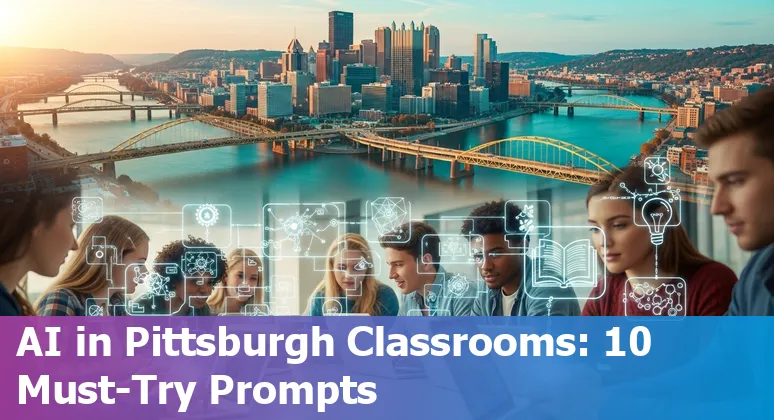 Educators using AI tools on laptops with Pittsburgh skyline and university landmarks in background