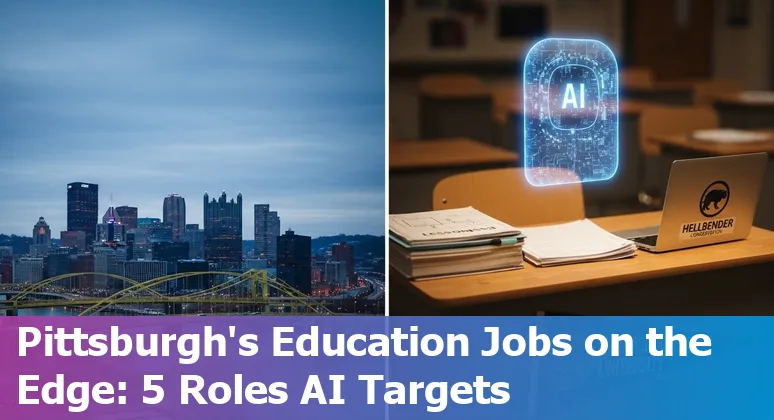Educator at a Pittsburgh school reviewing AI-assisted grading dashboard with Carnegie Mellon campus in the background.