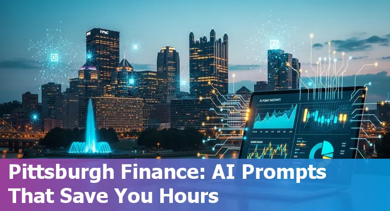 Finance professional in Pittsburgh using AI prompts on a laptop with city skyline in background
