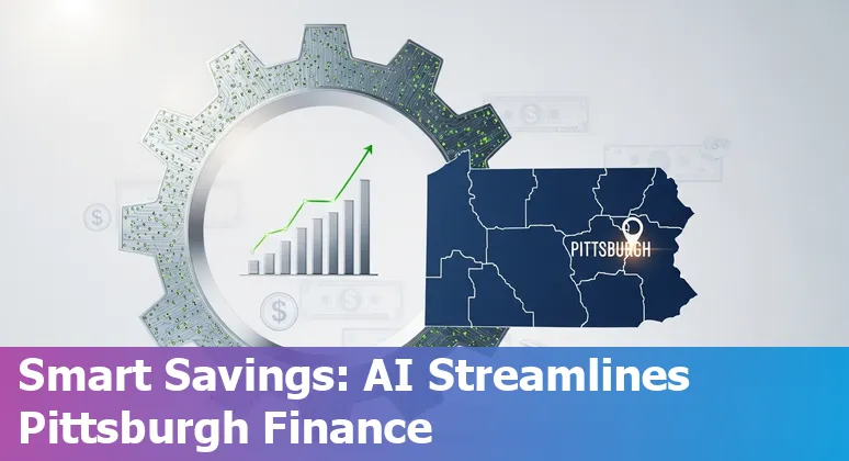 Pittsburgh, Pennsylvania skyline with AI data overlays showing finance efficiency and cost savings