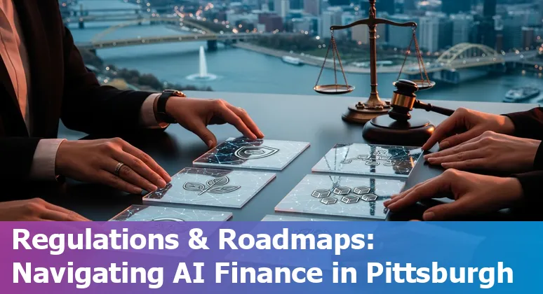 Financial services professionals collaborating on AI strategy in Pittsburgh, PA with CMU and Nvidia landmarks in background
