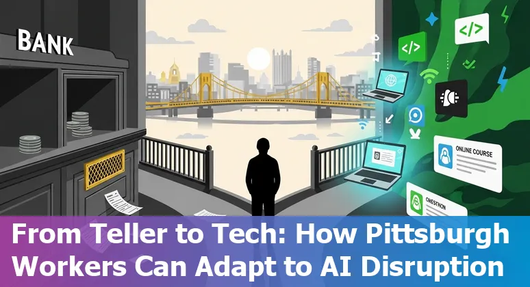 Pittsburgh skyline with finance icons and AI circuitry overlay illustrating automation risk and reskilling paths