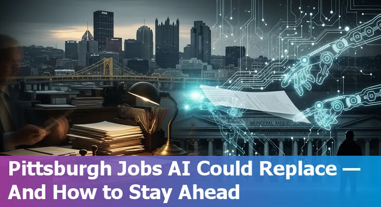 Pittsburgh city hall with icons for AI, clerical work, permitting, 311 call center, finance, and digital evidence.