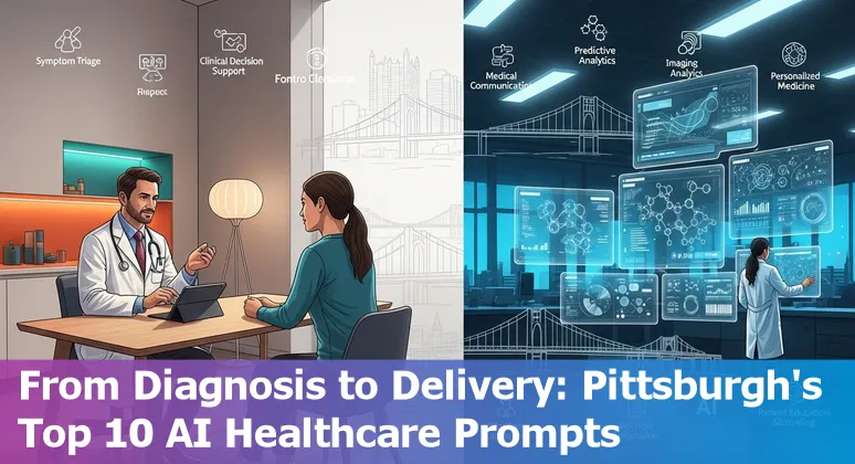 Collage showing Carnegie Mellon, UPMC, AI robots (Moxi), and healthcare AI logos like Ada and ChatGPT over Pittsburgh skyline.