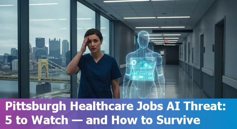 Healthcare worker and AI overlay with Pittsburgh skyline — adapting jobs, reskilling, and local examples.