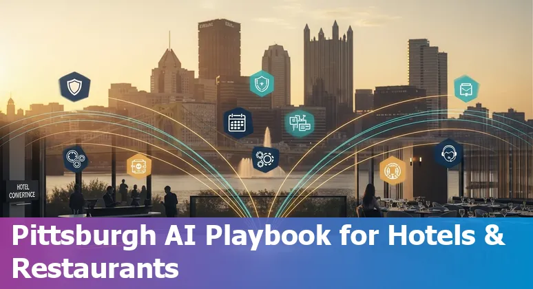 Hotel staff using AI tools at a Pittsburgh, Pennsylvania hotel with Pittsburgh skyline visible