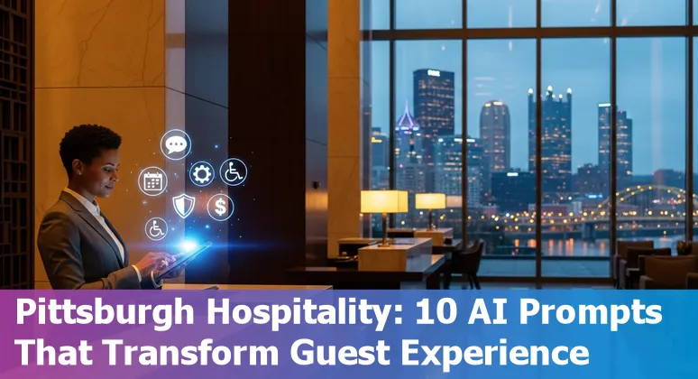 Pittsburgh hotel front desk with AI icons representing voice reservations, bookings, CRM, and safety triage.