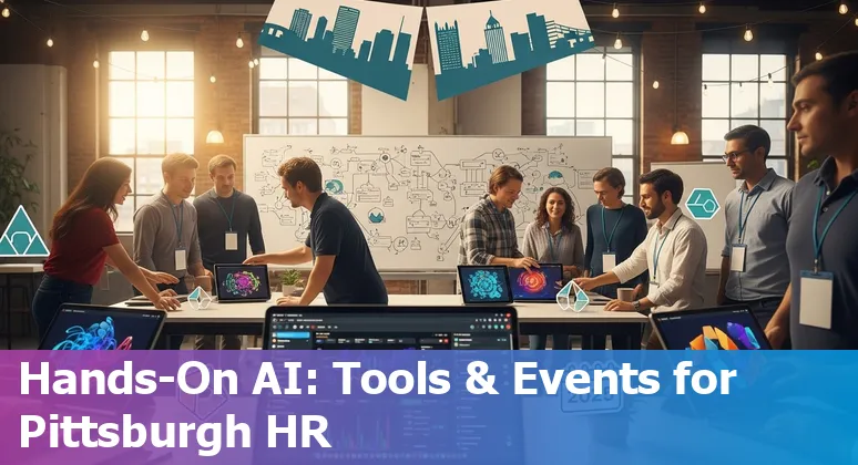 HR professional using AI tools with Pittsburgh skyline in the background, Pittsburgh, Pennsylvania
