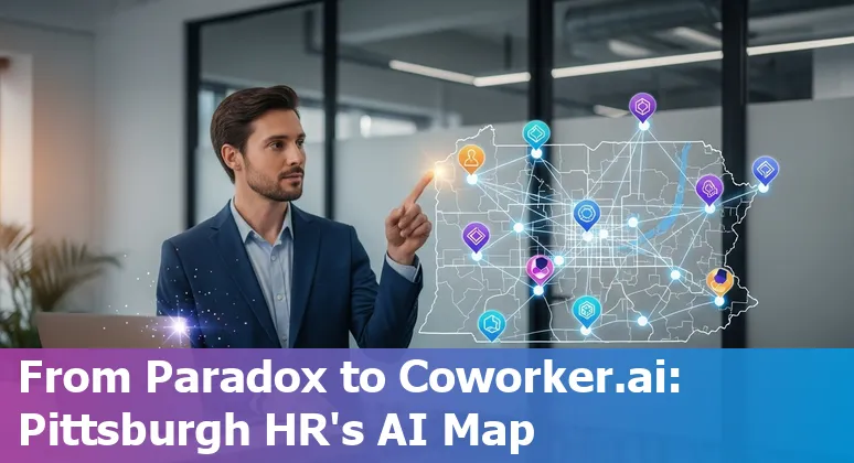 Row of icons for HR AI tools like Paradox, Eightfold, SeekOut, Reejig, Betterworks, Leapsome, Gloat, Lattice, ChartHop, Coworker.ai over a Pittsburgh skyline.
