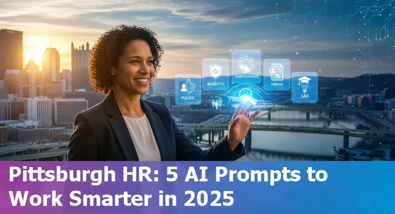 HR professional in Pittsburgh using AI on a laptop to draft benefits, onboarding, job ads, policies, and L&D prompts.