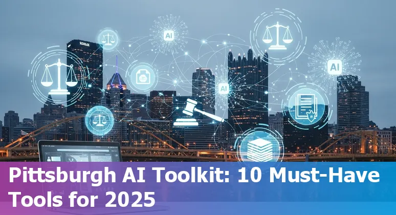 Collage of AI legal tools icons over Pittsburgh skyline, symbolizing legal tech adoption in 2025.