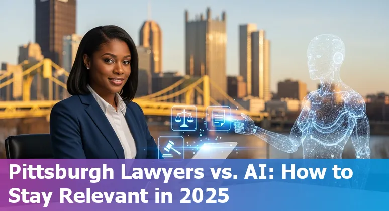 Lawyers using AI tools at a Pittsburgh law firm, Pennsylvania, US, with Carnegie Mellon University skyline in background