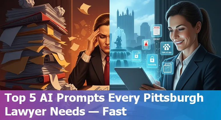 Legal professional in Pittsburgh using AI prompts to review contracts and prepare a board memo on a laptop with the city skyline visible.