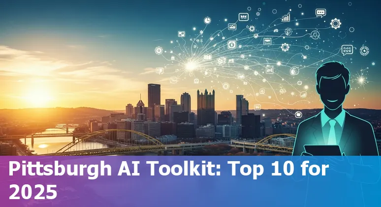 Illustration of a Pittsburgh skyline with AI icons (chat, analytics, automation) representing top marketing tools for 2025.