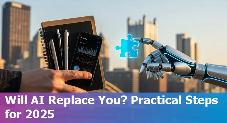 Pittsburgh, Pennsylvania marketer using AI tools with skyline and Bakery Square in background