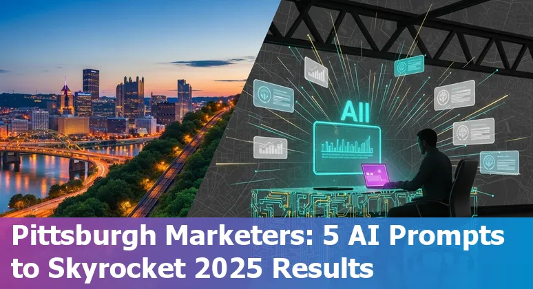 Marketing professional using AI prompts on a laptop with Pittsburgh skyline in the background