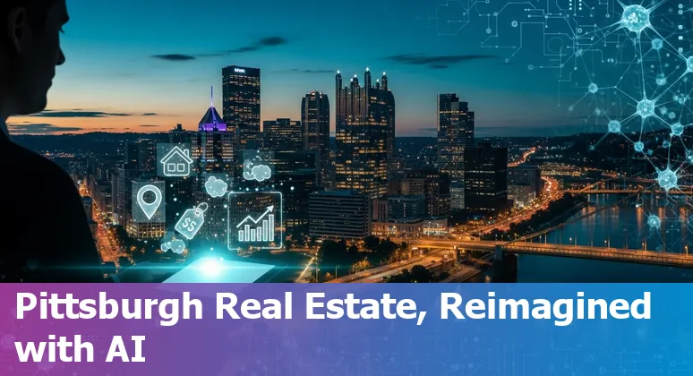 AI-powered real estate tools overlaid on a Pittsburgh, Pennsylvania skyline map, showing neighborhoods like East Liberty and North Shore.