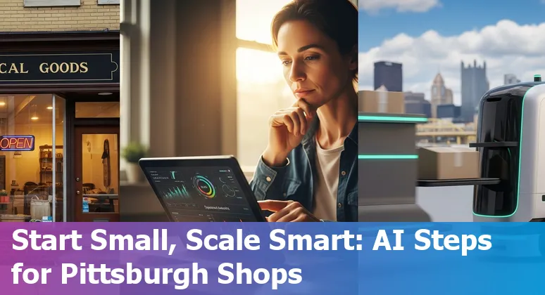 Retail staff using AI tools in a Pittsburgh, Pennsylvania store in 2025, showing in-store screens and a map of Pittsburgh.