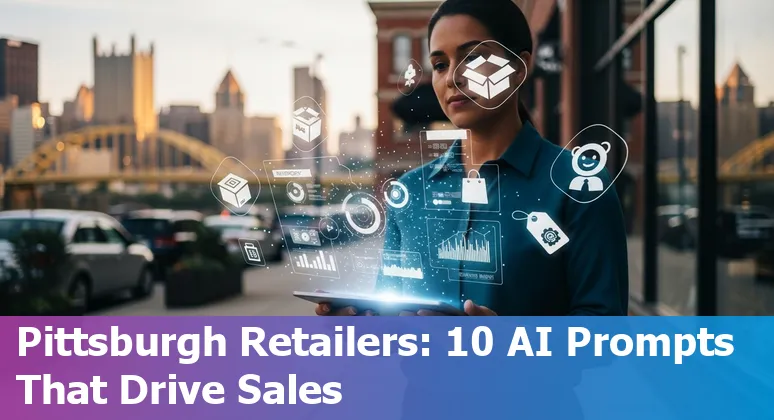 Retail staff using AI dashboards with a Pittsburgh skyline backdrop, including Bakery Square and Strip District landmarks.