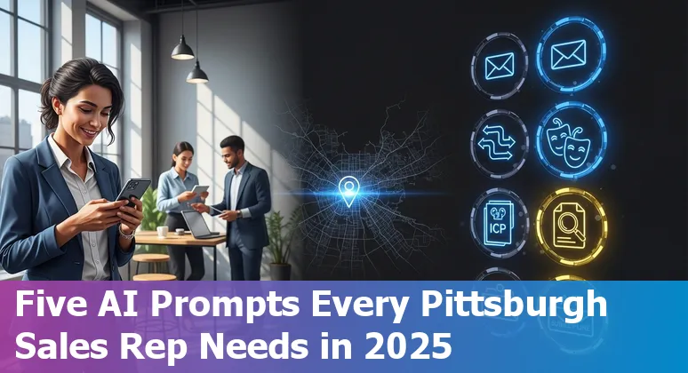 Sales professional using AI prompts on a laptop with Pittsburgh skyline and PNC Park in the background