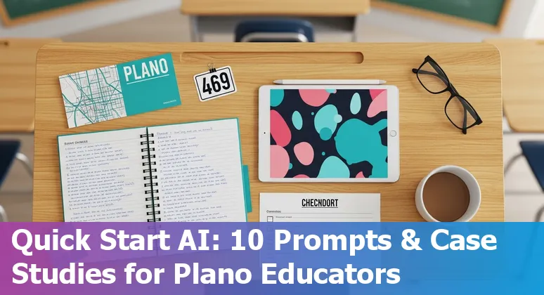 Teacher using AI prompts on a laptop in a Plano classroom, with icons for tutoring, analytics, accessibility, and virtual labs.