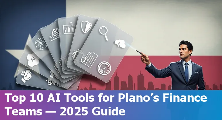Finance professional in Plano using AI tools like Prezent, DataRobot, and Darktrace on a laptop with Plano skyline in background.