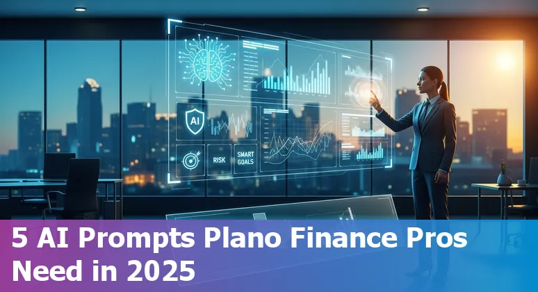 Plano skyline with finance charts and AI icons representing prompts for revenue, cash flow, risk, dashboard, and accounts receivable