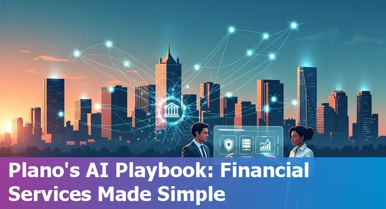 Business team discussing AI strategy for financial services in Plano, Texas, US with cloud and security icons