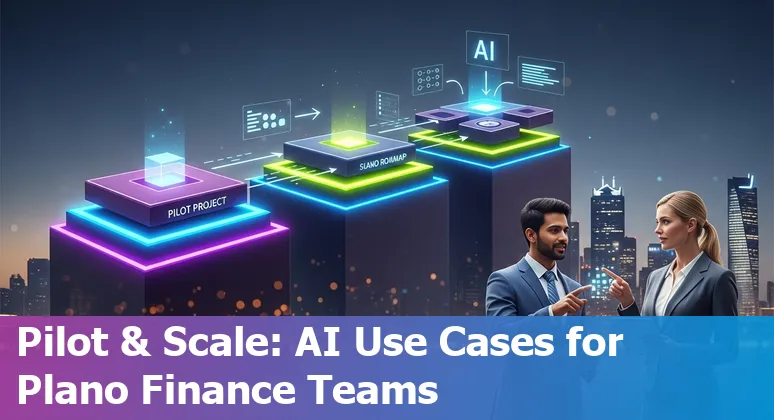 Bank employee using AI chatbot on laptop with Plano skyline in background