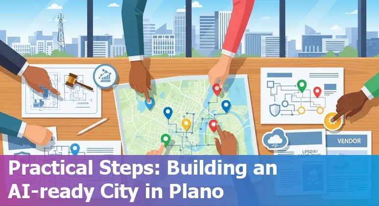Illustration of AI for government services in Plano, Texas showing city skyline, cloud and security icons.