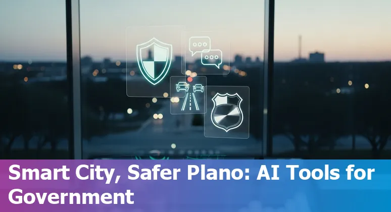 Illustration of Plano city services enhanced by AI: chatbots, traffic signals, emergency response, and cybersecurity icons.