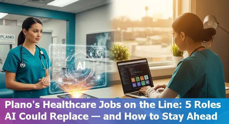 Healthcare worker reviewing AI-enabled diagnostic images alongside a laptop showing training resources in Plano, TX.