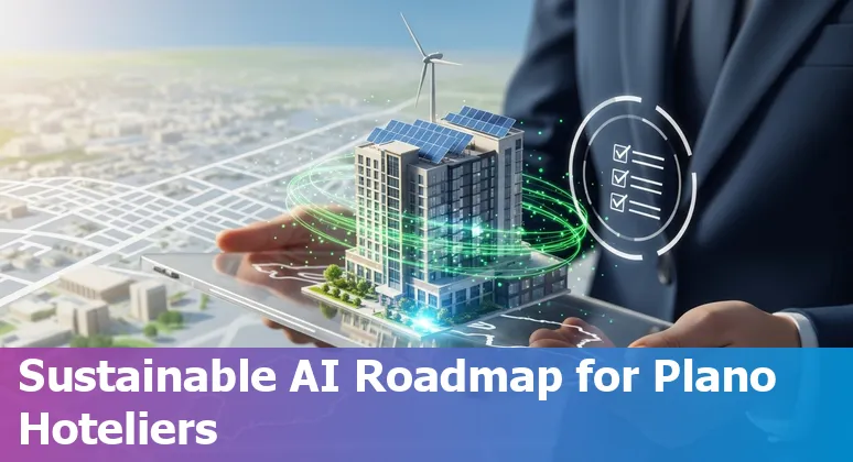 Hotel front desk with AI dashboard on screen and Plano, Texas skyline—AI for hospitality in Plano, Texas 2025