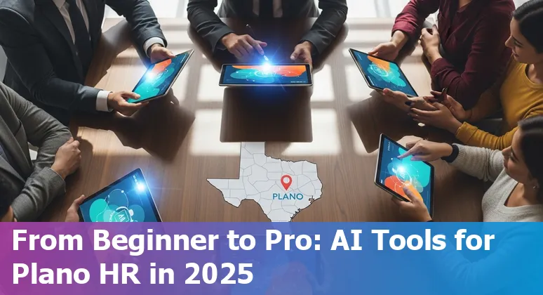HR professional using AI dashboard for hiring in Plano, Texas, US skyline background