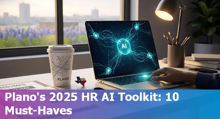 HR professional reviewing AI HR tool dashboard on a laptop with Plano, Texas skyline in background