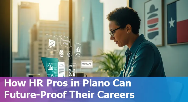 HR professional using AI tools on a laptop in Plano, Texas office skyline visible, illustrating AI and HR in Plano, Texas