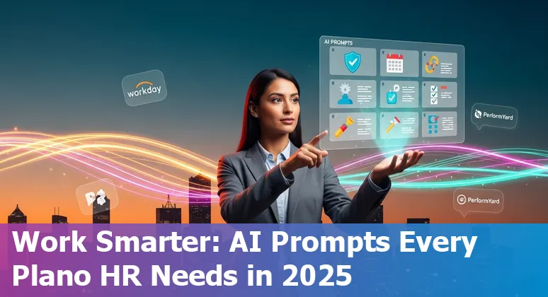 HR professional using AI prompts on a laptop with Plano, Texas skyline in background